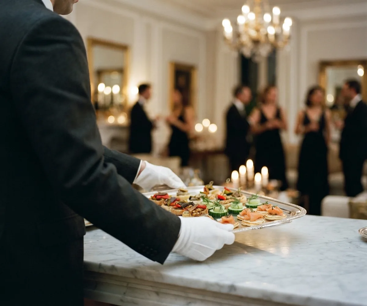 Cameriere in guanti bianchi serve un vassoio di canapè durante una festa in casa a Roma - servizio catering a domicilio Cookinart