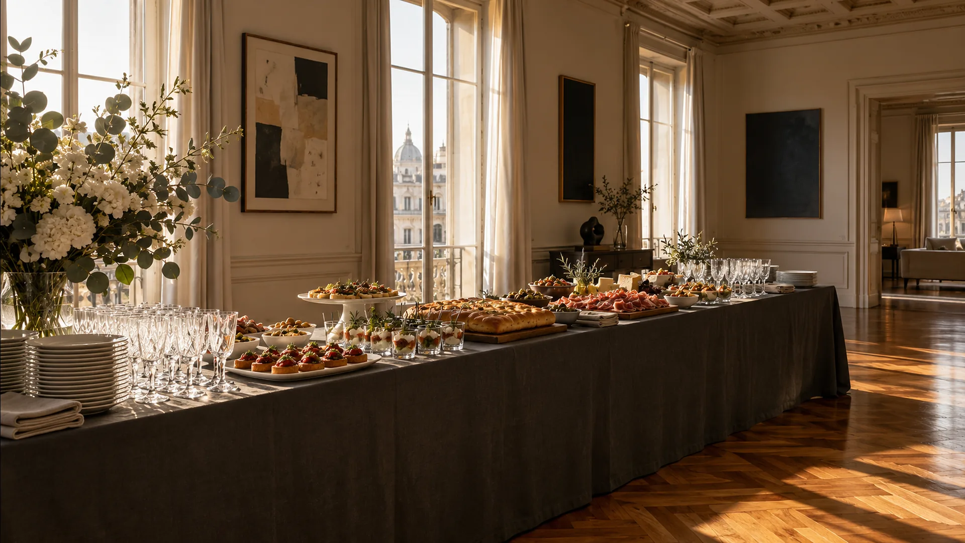 Catering a domicilio: buffet allestito nel salotto di un appartamento a Roma, pronto per gli ospiti - Cookinart
