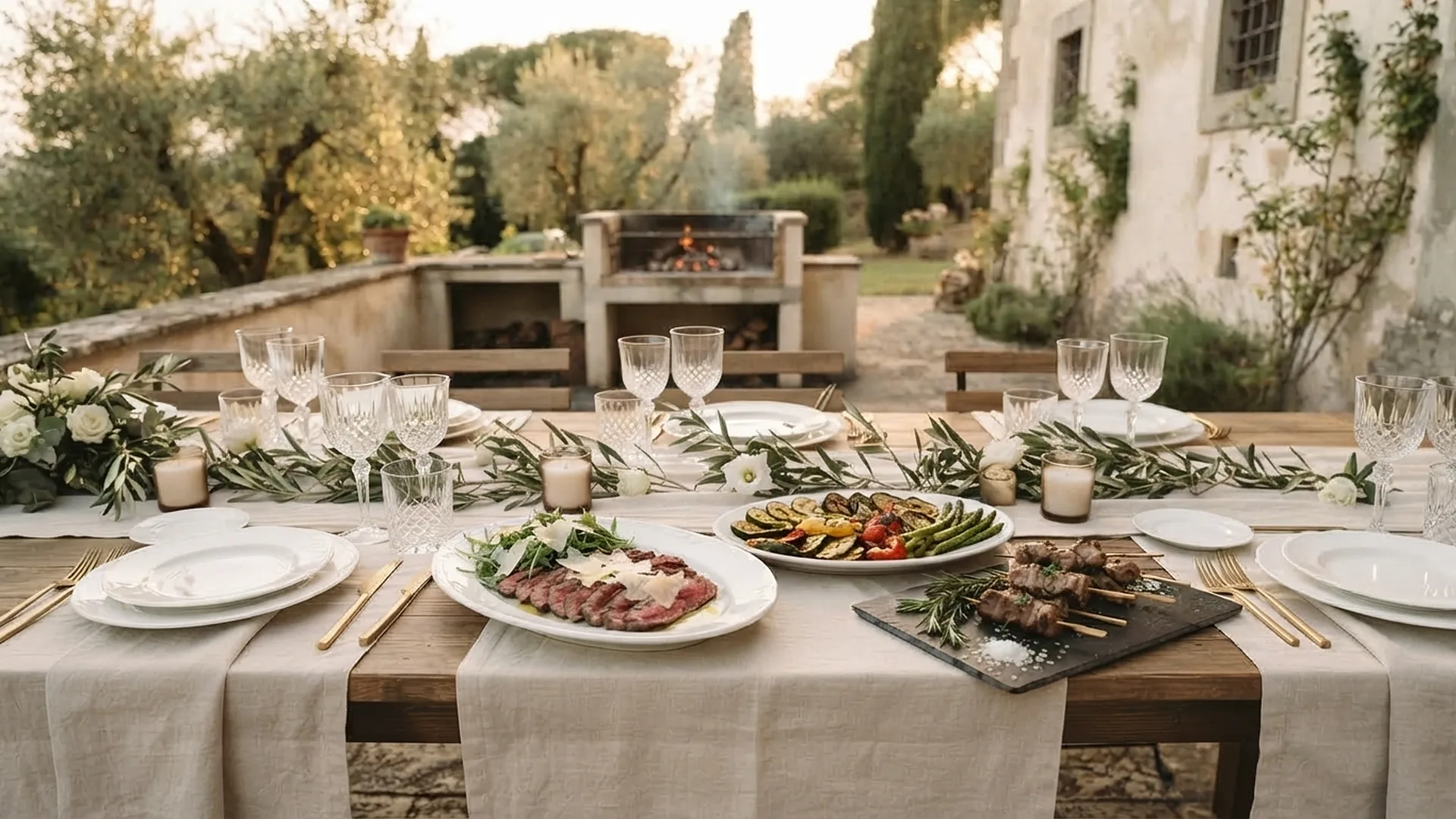 Catering barbecue a Roma: tavola apparecchiata in giardino con tagliata, verdure e spiedini alla griglia - Cookinart