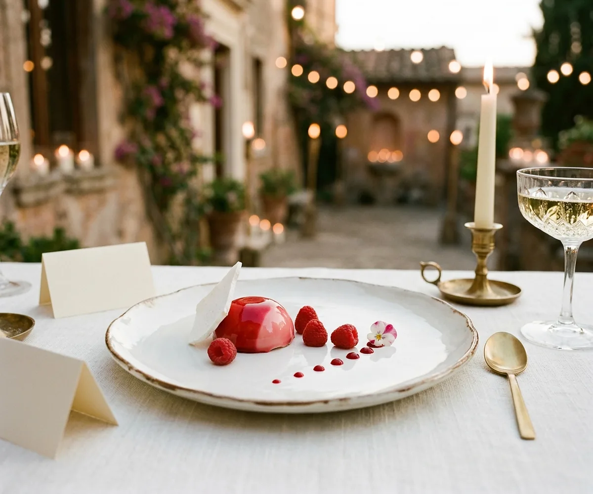 Dessert d'autore con lamponi e meringa servito a un compleanno con catering Cookinart