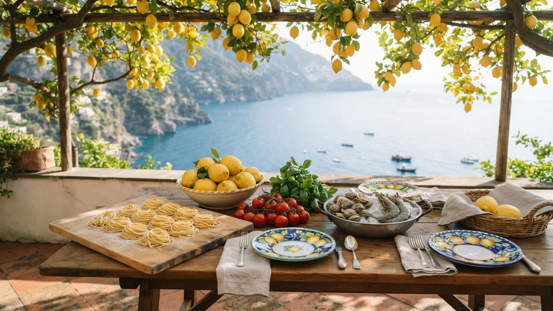 Terrace above the sea set for a private cooking class on the Amalfi Coast