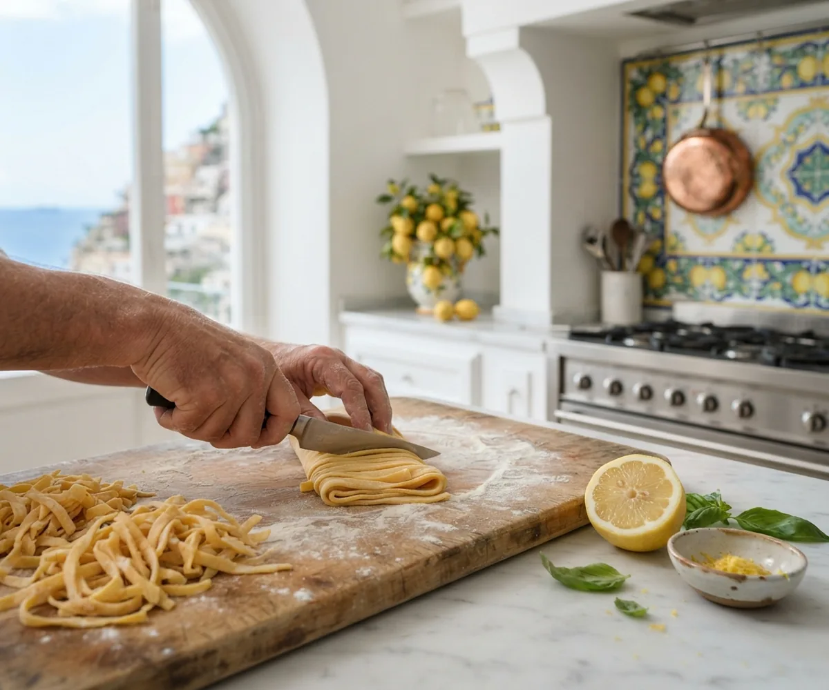Hands cutting fresh scialatielli during a cooking class on the Amalfi Coast