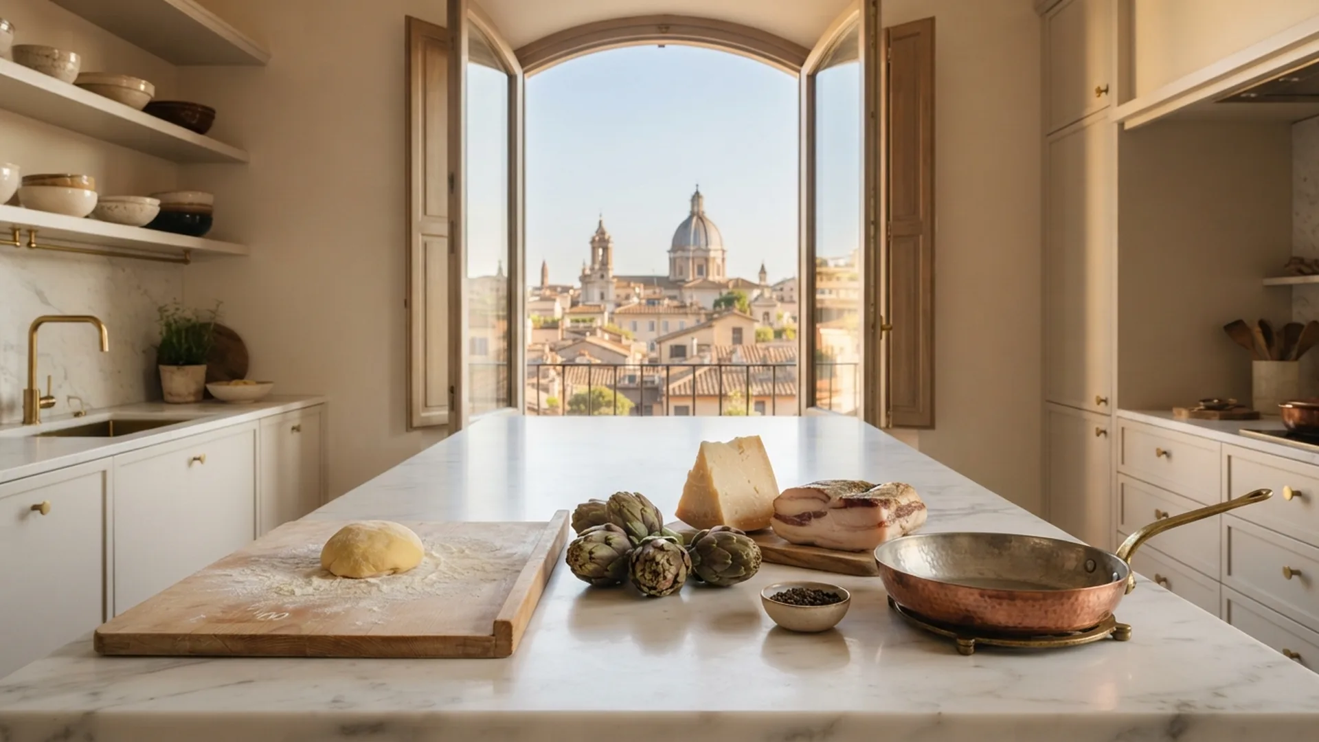 Private cooking class in a Rome apartment kitchen with a view of the rooftops