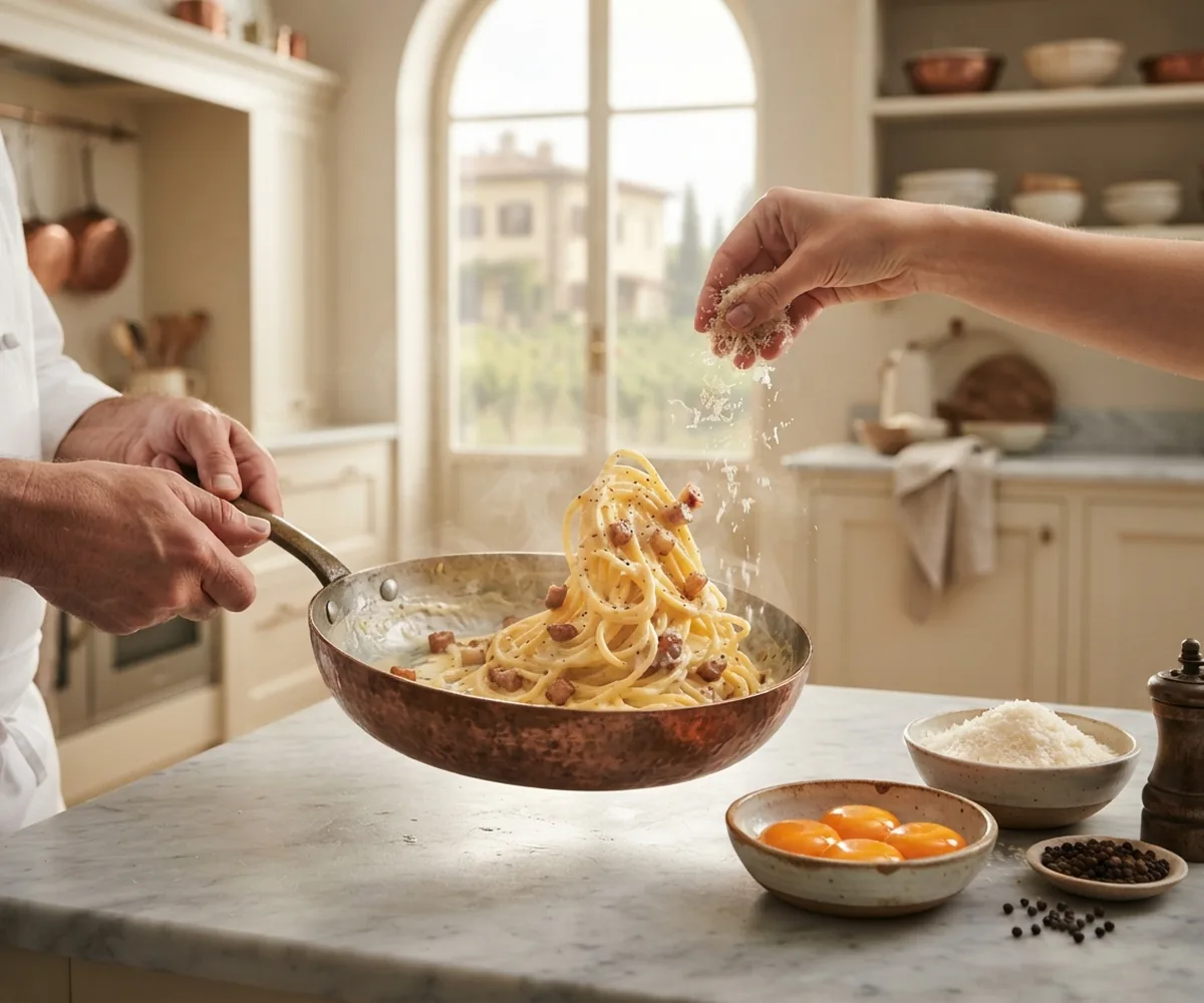 Chef tossing spaghetti carbonara during a cooking class in Rome