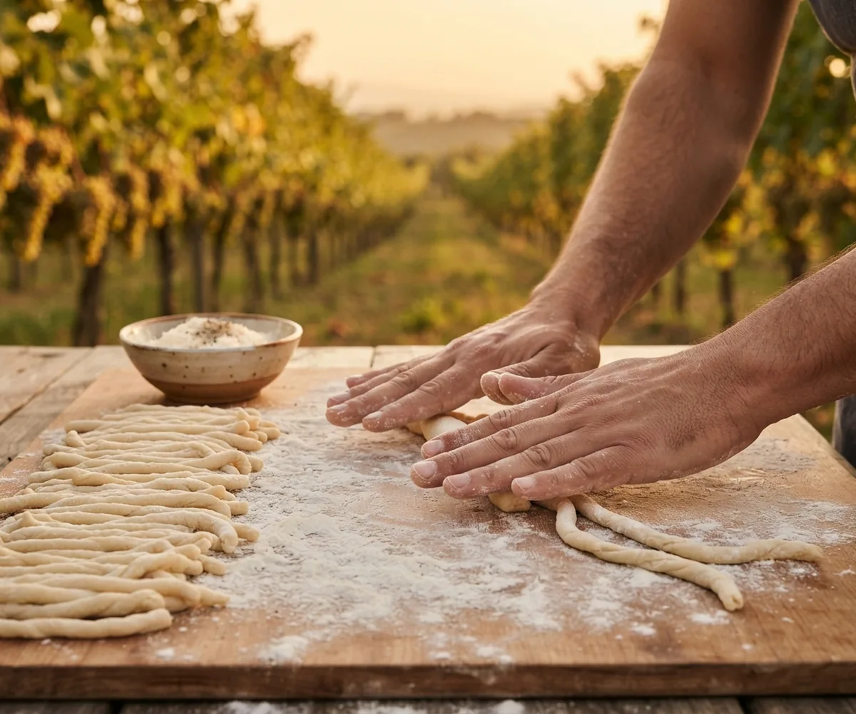 Hands rolling pici pasta during a cooking class in Tuscany