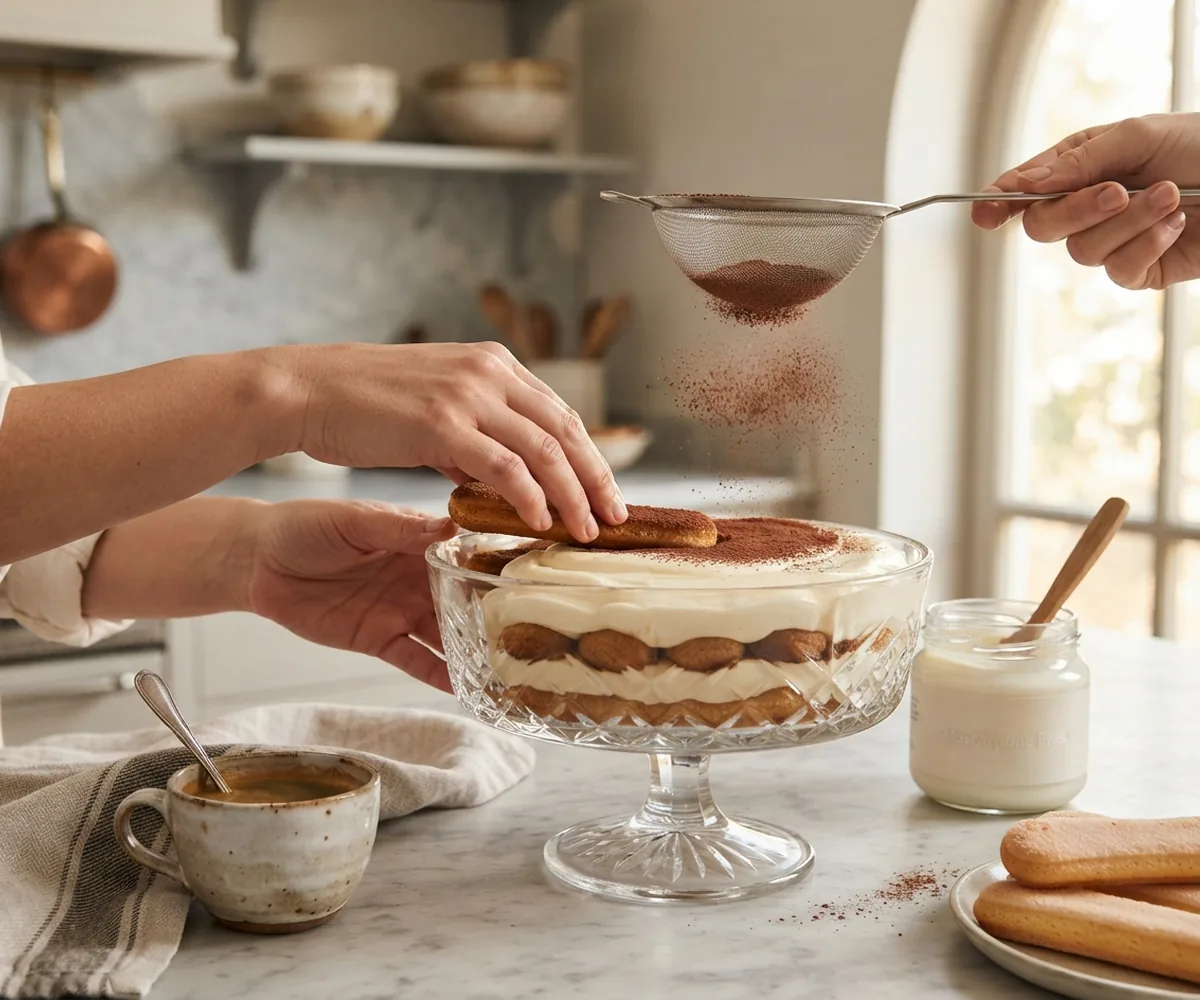 Guests layering tiramisu during a private cooking class in Italy