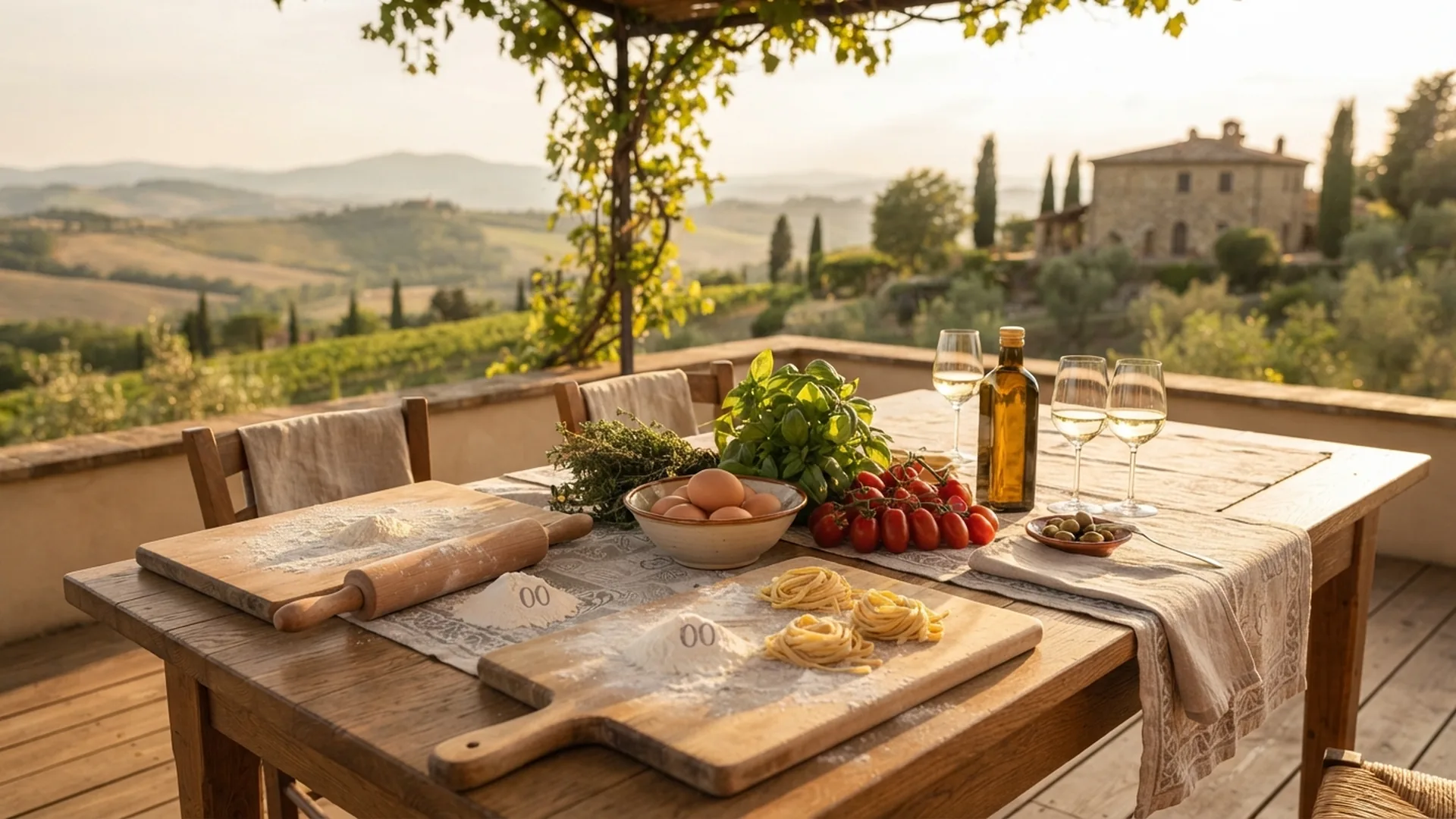 Private cooking class set up on a villa terrace in Italy