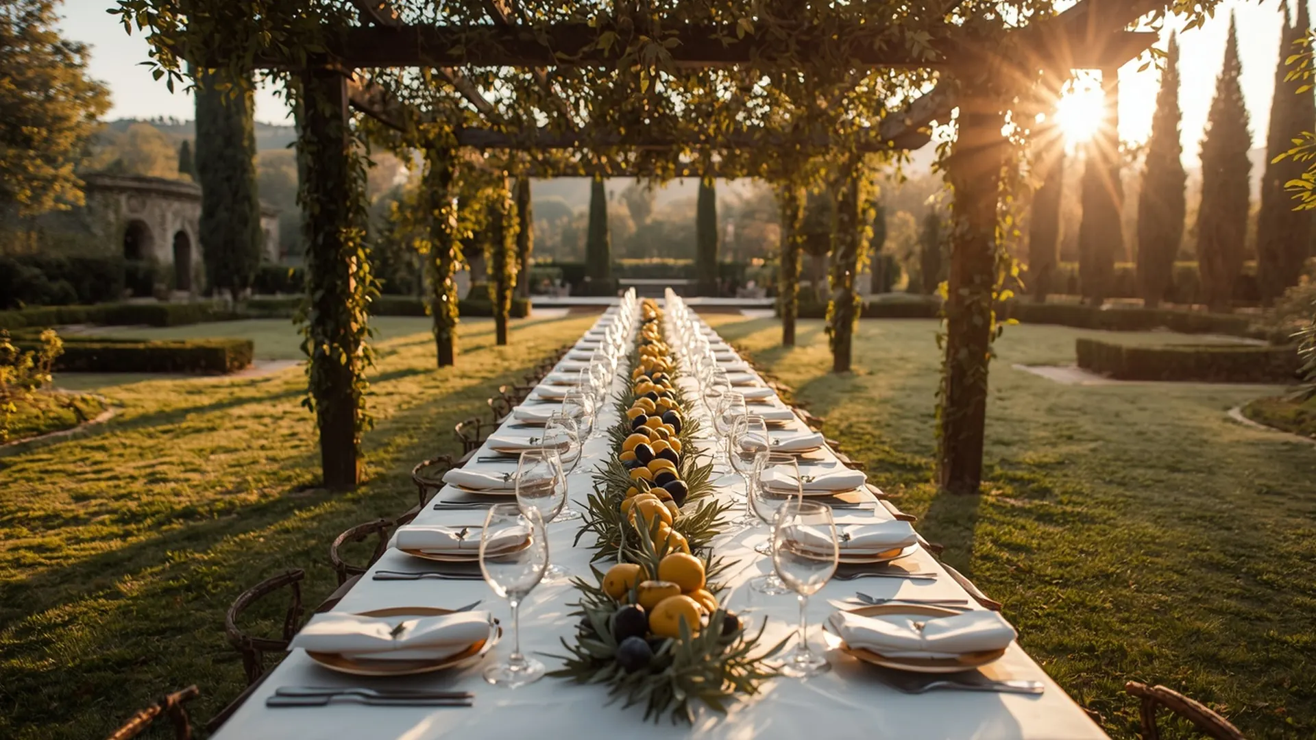 Long wedding table in the garden of an Italian villa at sunset, destination wedding catering in Italy by Cookinart