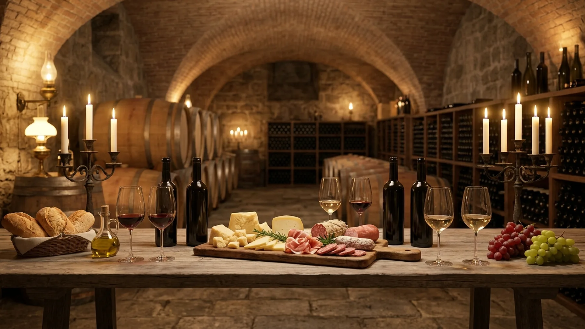 Candlelit wine cellar set for a private food and wine experience in Rome