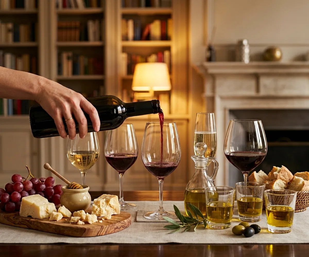 Italian wines, cheeses and olive oil set for a private tasting in Rome