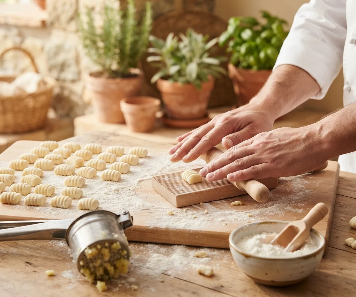 Hands shaping gluten-free gnocchi during a cooking class in Rome
