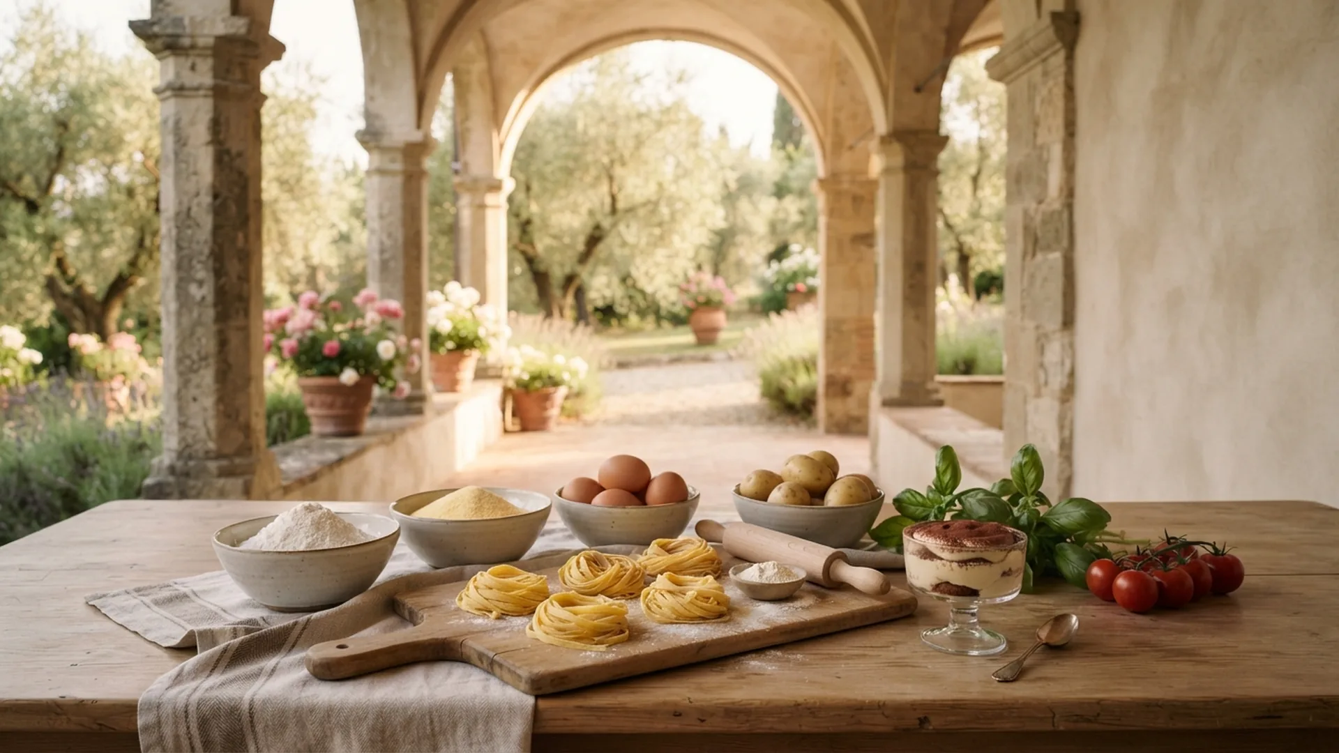 Table set for a gluten-free cooking class in Rome under an arched loggia