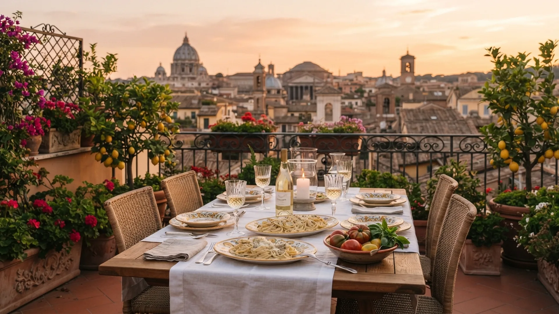 Kochkurse und Weinproben in Rom: gedeckter Tisch auf einer römischen Terrasse mit Blick auf die Kuppeln