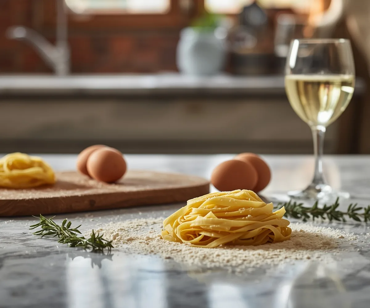 Frische Pasta, Mehl und ein Glas Weißwein auf einem Marmortisch in einer römischen Küche