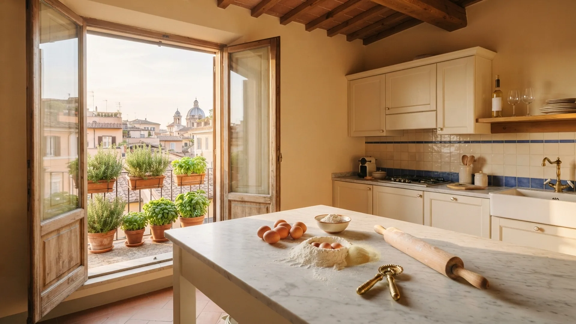 Kochkurs in Rom: private Küche in einer Ferienwohnung mit Blick auf die Dächer der Stadt