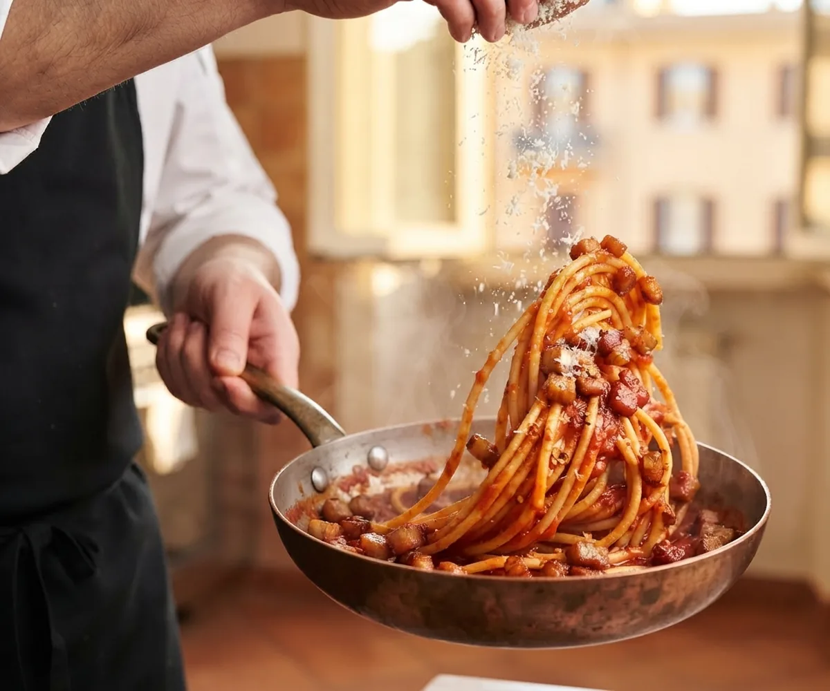 Köchin schwenkt Spaghetti all'Amatriciana mit Guanciale und Pecorino während eines Kochkurses in Rom