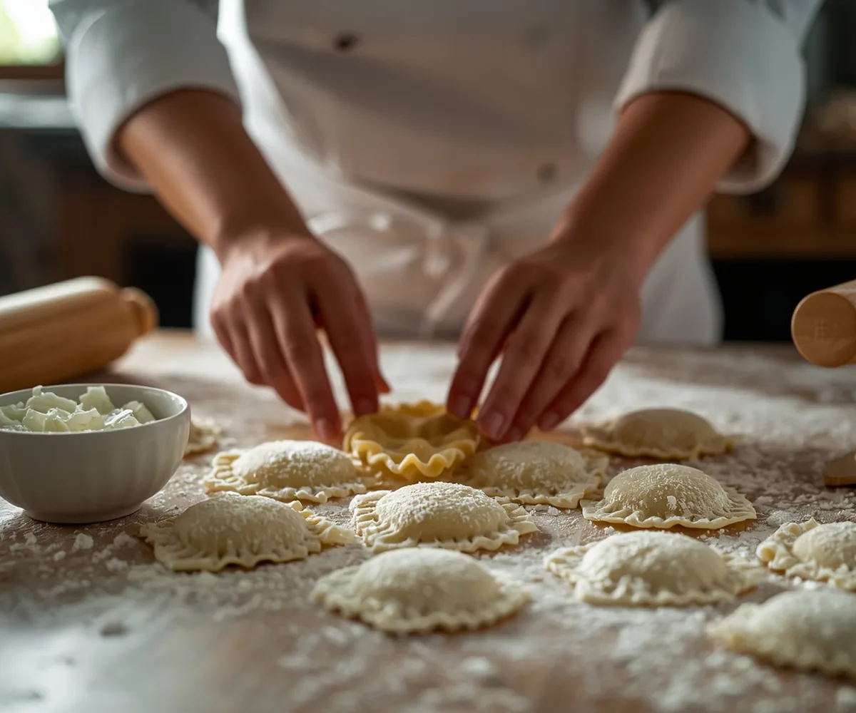 Hände formen Ravioli auf einem Holztisch während eines Kochkurses in Italien