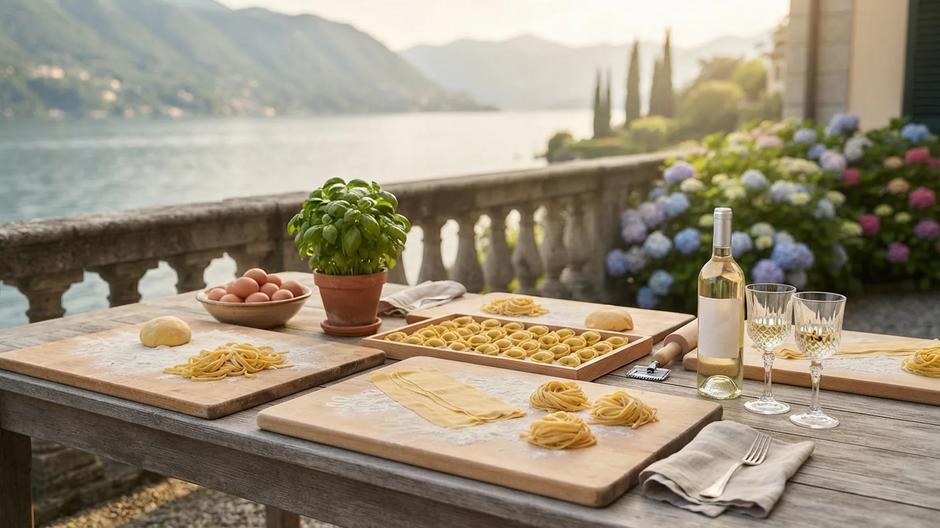 Terrace on an Italian lake set for a private pasta making class in Italy