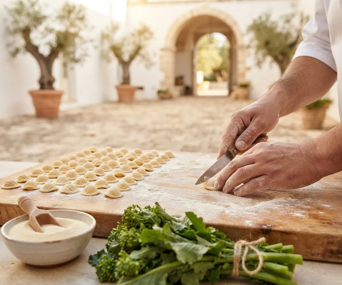 Hands shaping orecchiette during a pasta making class in Italy