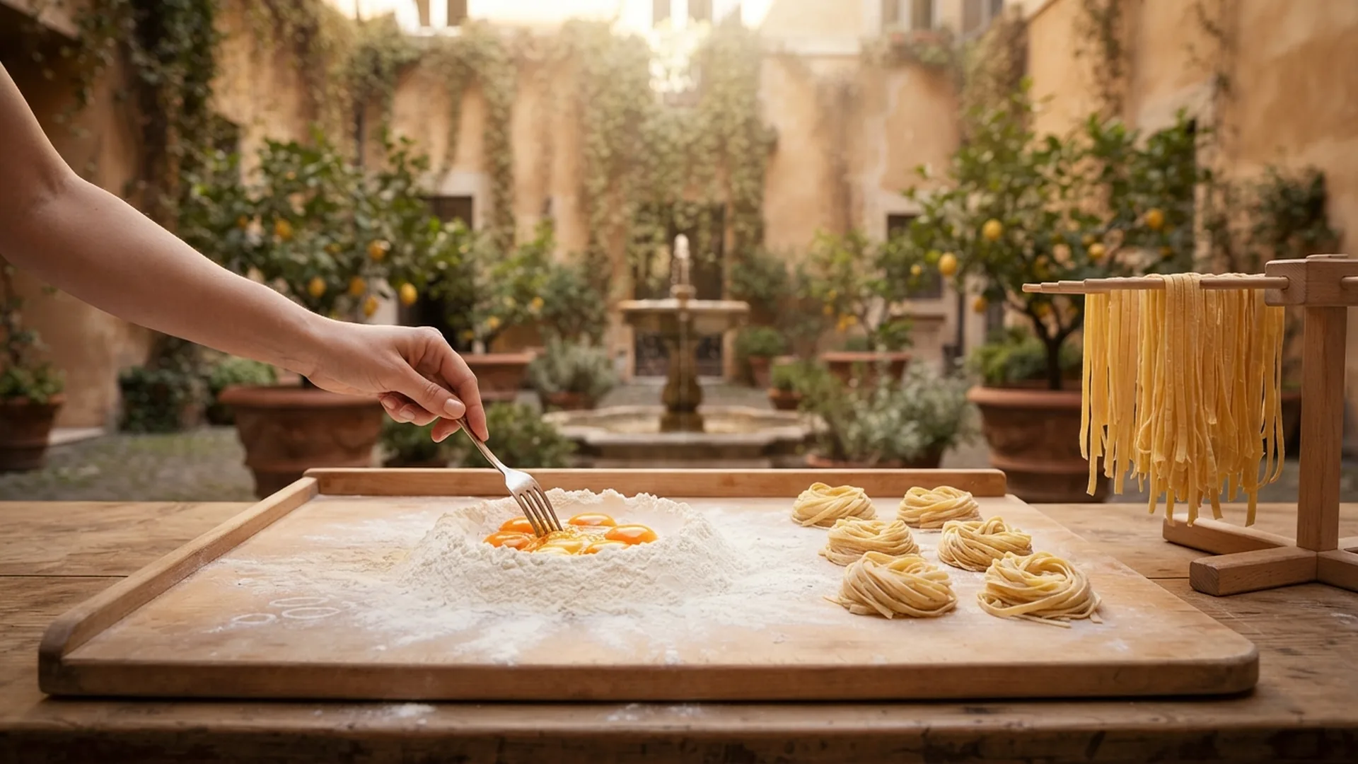 Fresh egg pasta being made by hand during a pasta making class in Rome
