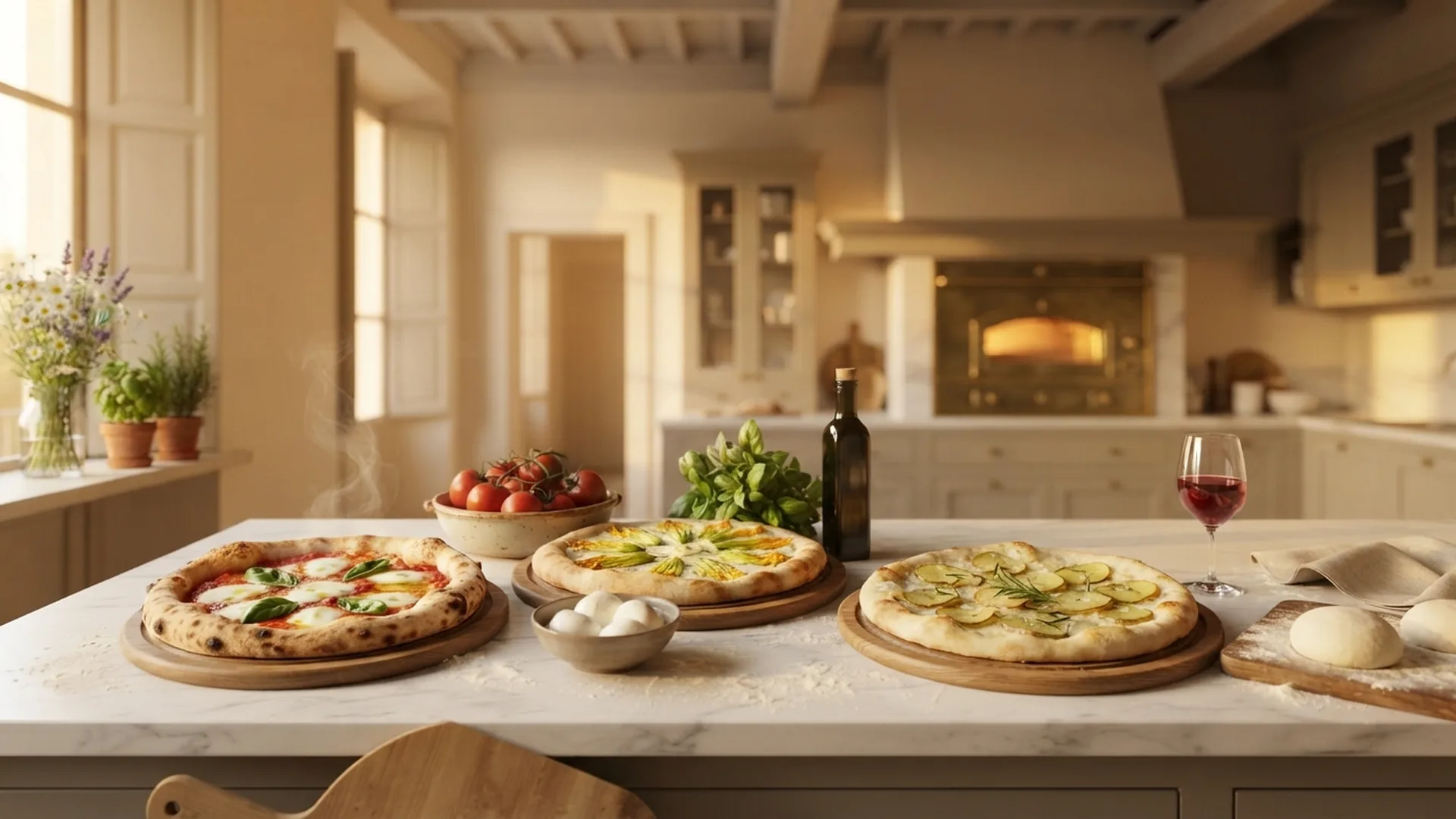 Elegant holiday apartment kitchen set for a private pizza making class in Italy