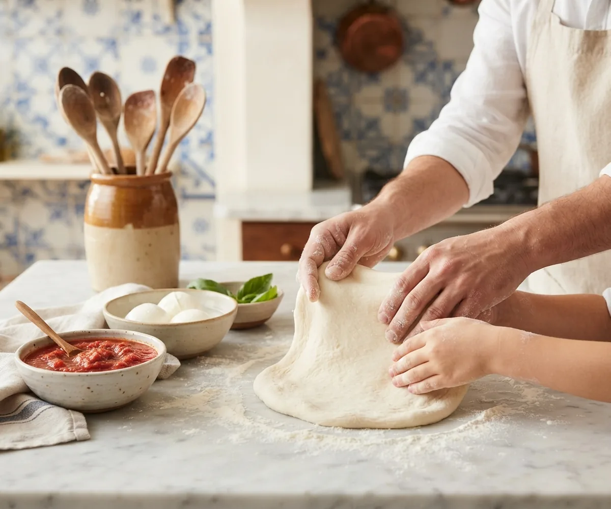 Hands stretching pizza dough during a pizza making class in Rome
