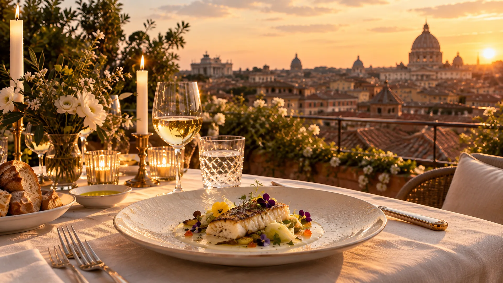 Candlelit dinner table in a luxury villa set by a private chef in Rome