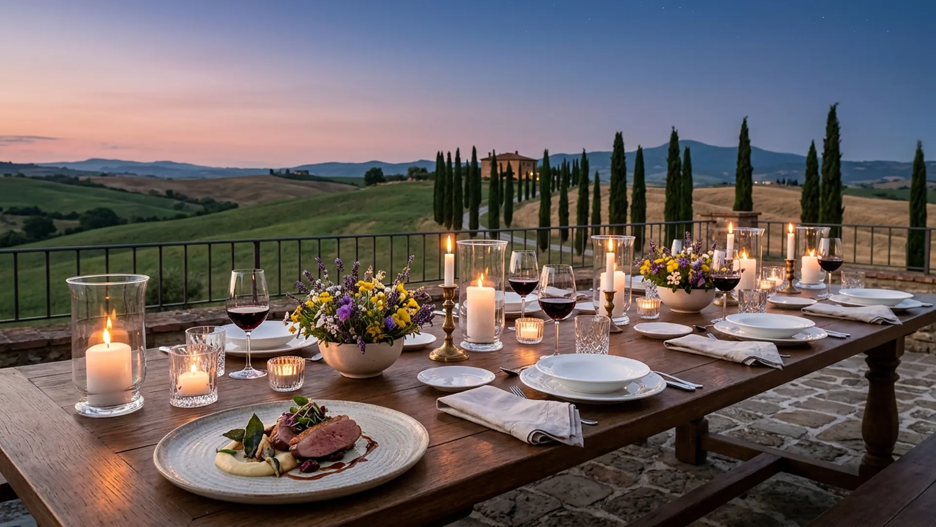 Dinner table on a villa terrace in the Tuscan hills set by a private chef in Tuscany