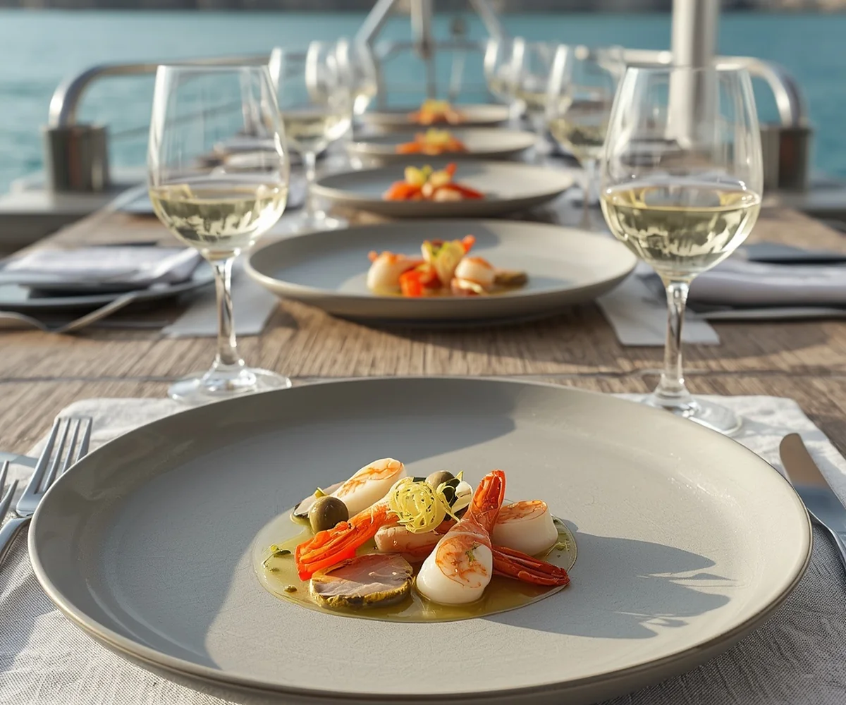Fine dining seafood dish served by a private chef on a yacht in Italy