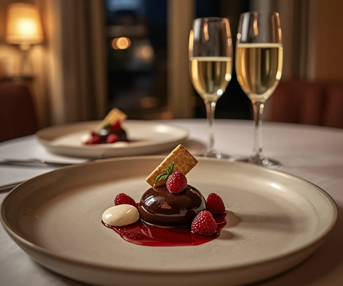 Two refined desserts served for a romantic dinner in Rome