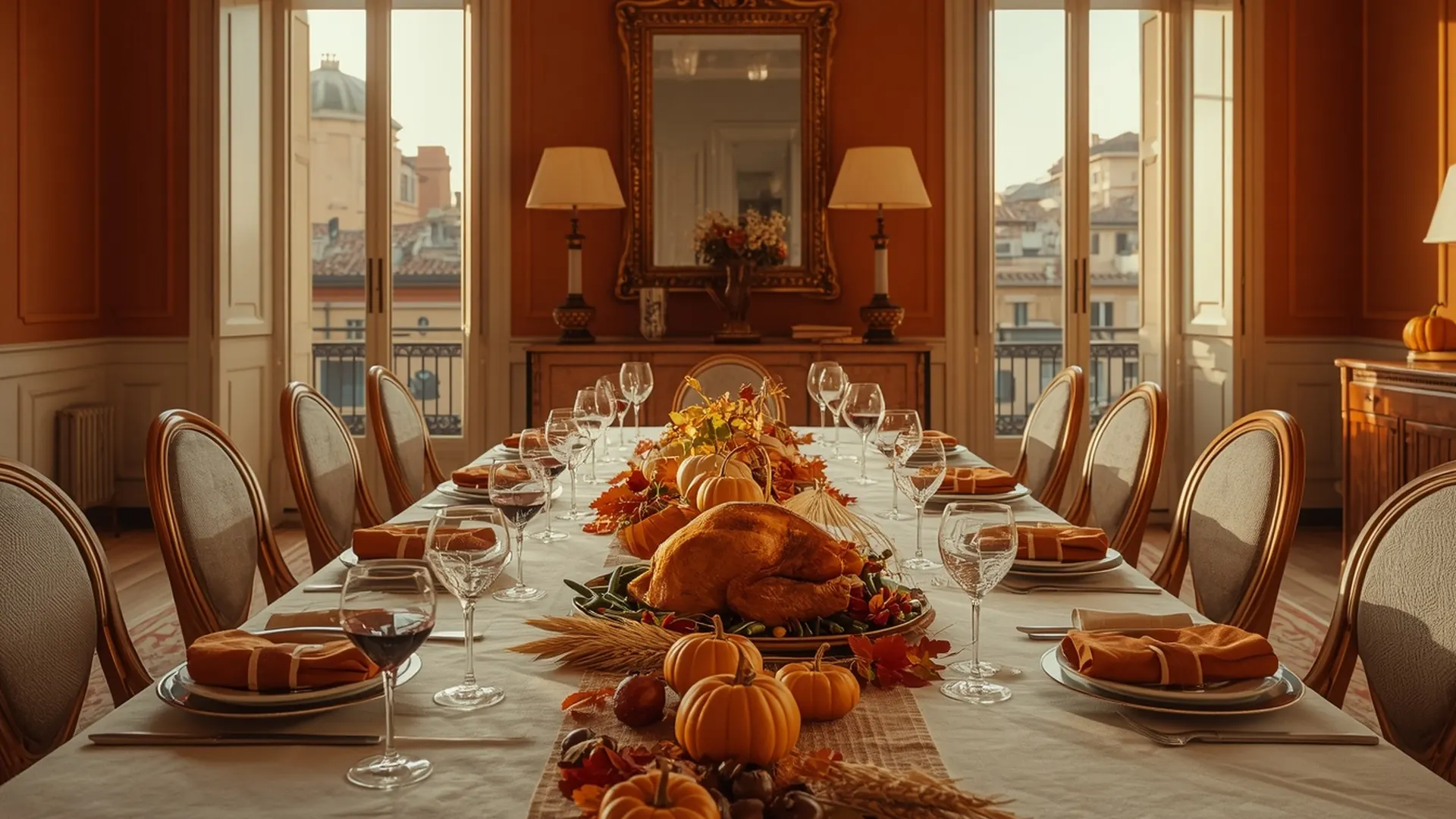 Thanksgiving table with roast turkey in an elegant Roman apartment, cooked by a private chef for Thanksgiving in Rome