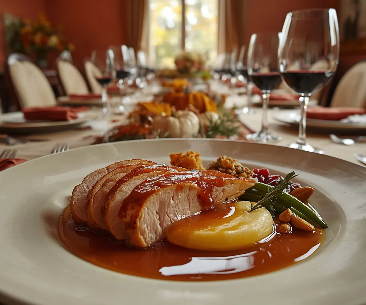 Plated roast turkey with gravy and seasonal sides for Thanksgiving in Rome