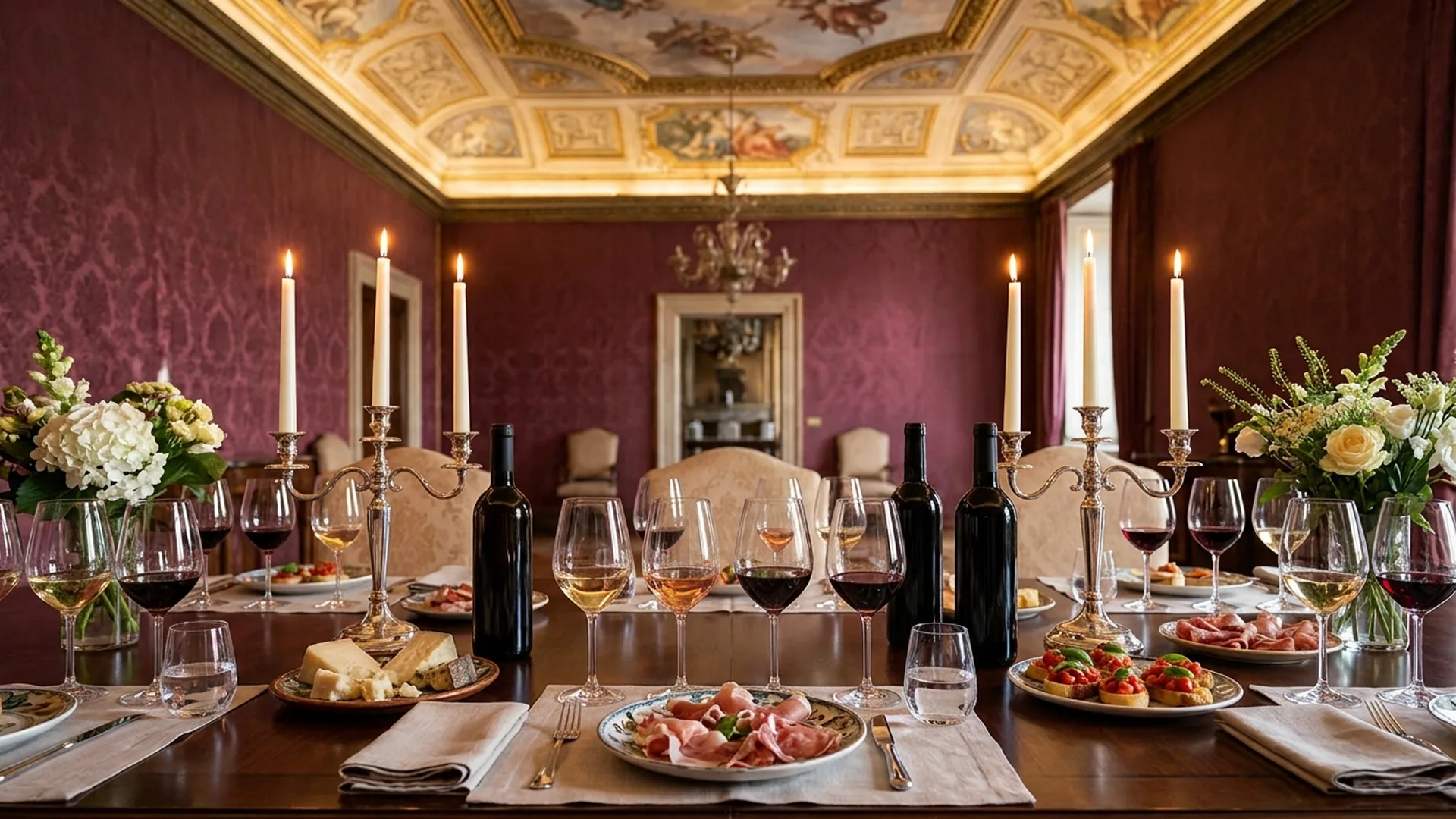 Private wine tasting in Rome set in the frescoed dining room of a historic palazzo